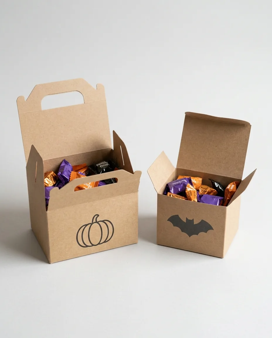A kraft gable box with a die-cut carry handle beside a smaller kraft tuck box, both open and filled with individually wrapped candy, printed with a pumpkin outline and a bat silhouette